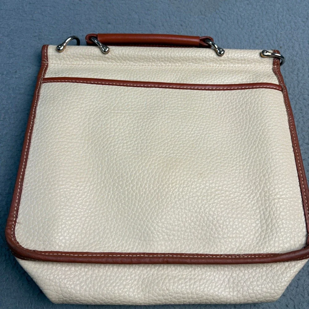 Vintage Pebbled Leather Satchel Handbag Cream Brown Turn Lock Top Handle Bag